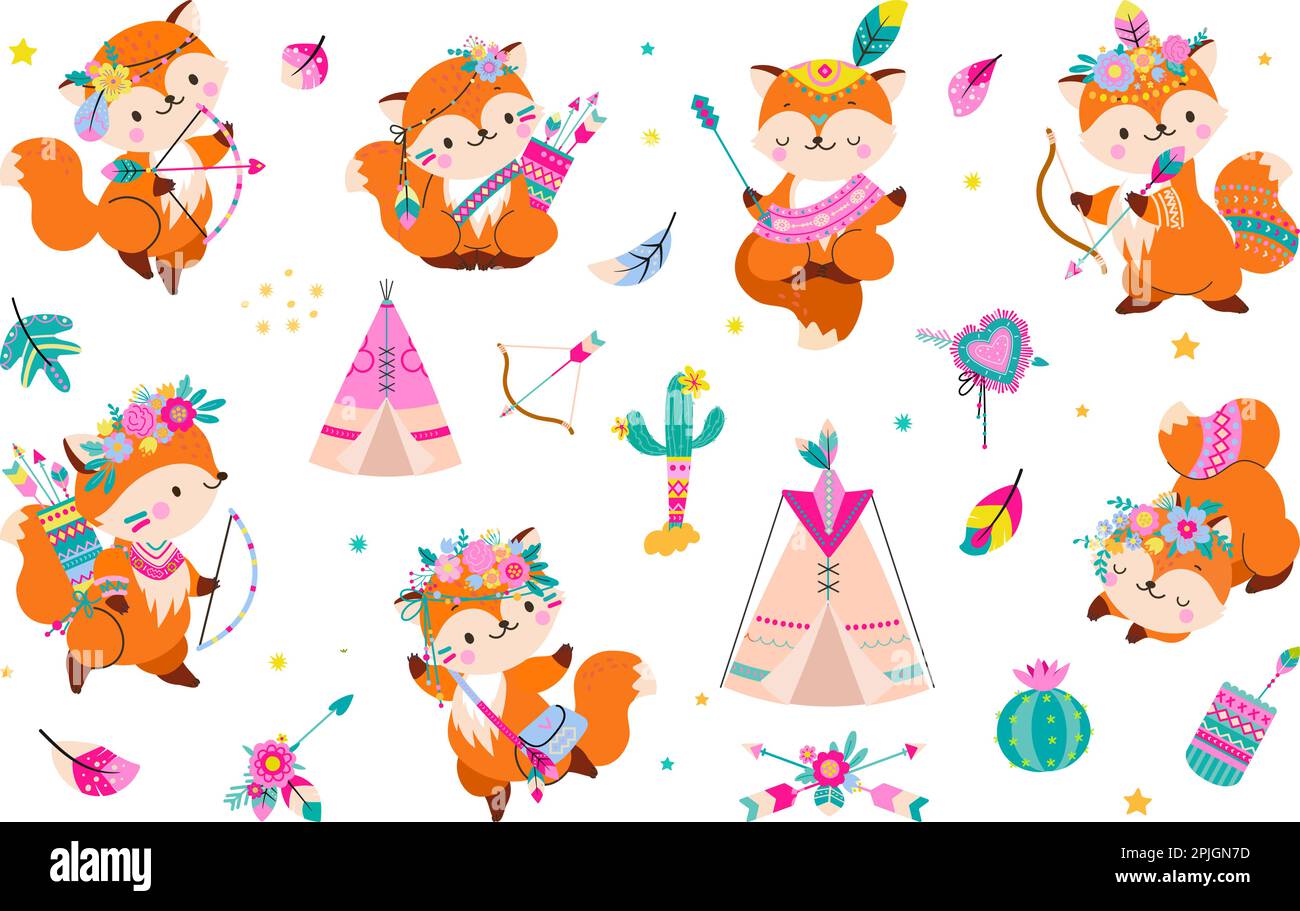 Renard de forêt, renards tribaux sauvages avec couronne florale et flèches de plumes. Animaux de dessin animé de style boho. Décorations de pépinière, dessin vectoriel de bébé nowaday Illustration de Vecteur