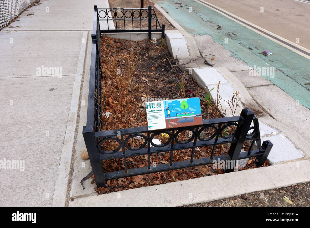 Un jardin de pluie NYC avec panneaux d'interprétation. Les jardins de pluie sont conçus pour interdire et détourner le flux des eaux pluviales des égouts (voir plus d'infos) Banque D'Images