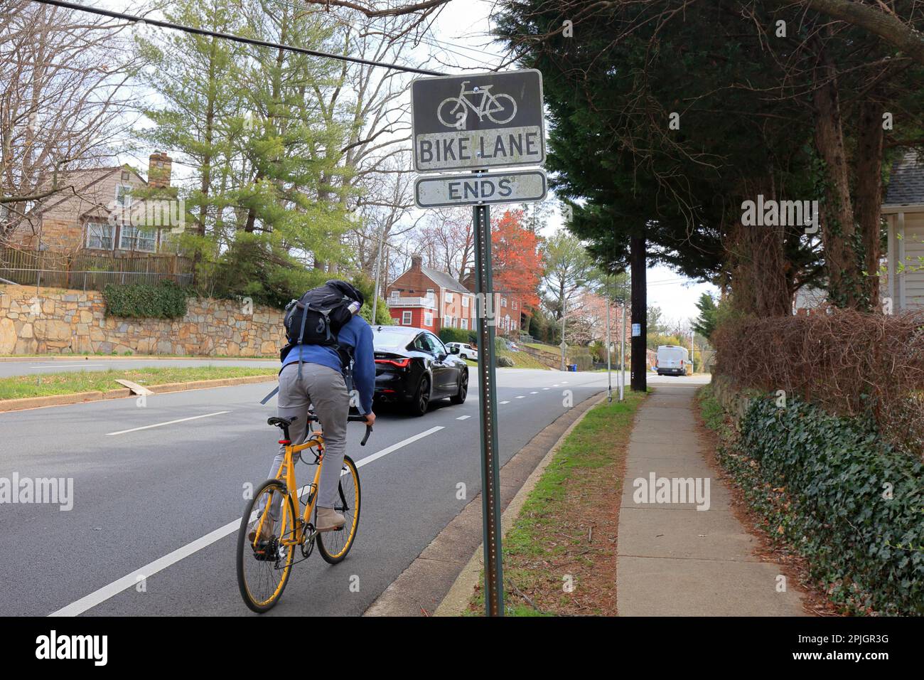 Un cycliste passe devant un panneau « Bike Lane ends » sur N Roosevelt St, East Falls Church, Virginie Banque D'Images