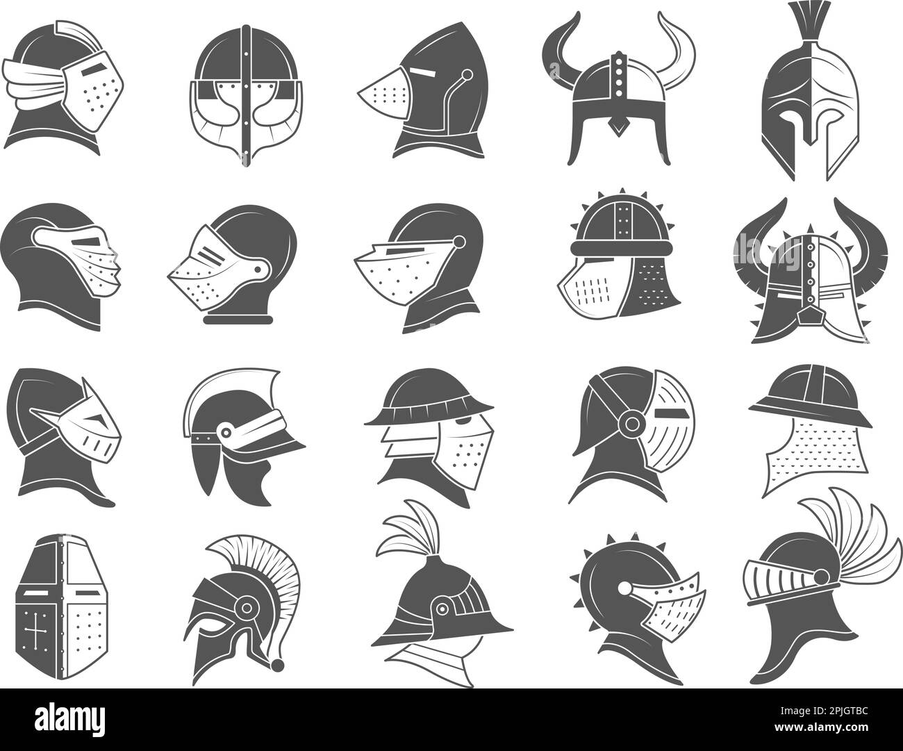 Casques blindés. Vêtements anciens médiévaux pour les guerriers à tête protégée illustrations vectorielles stylisées récentes Illustration de Vecteur
