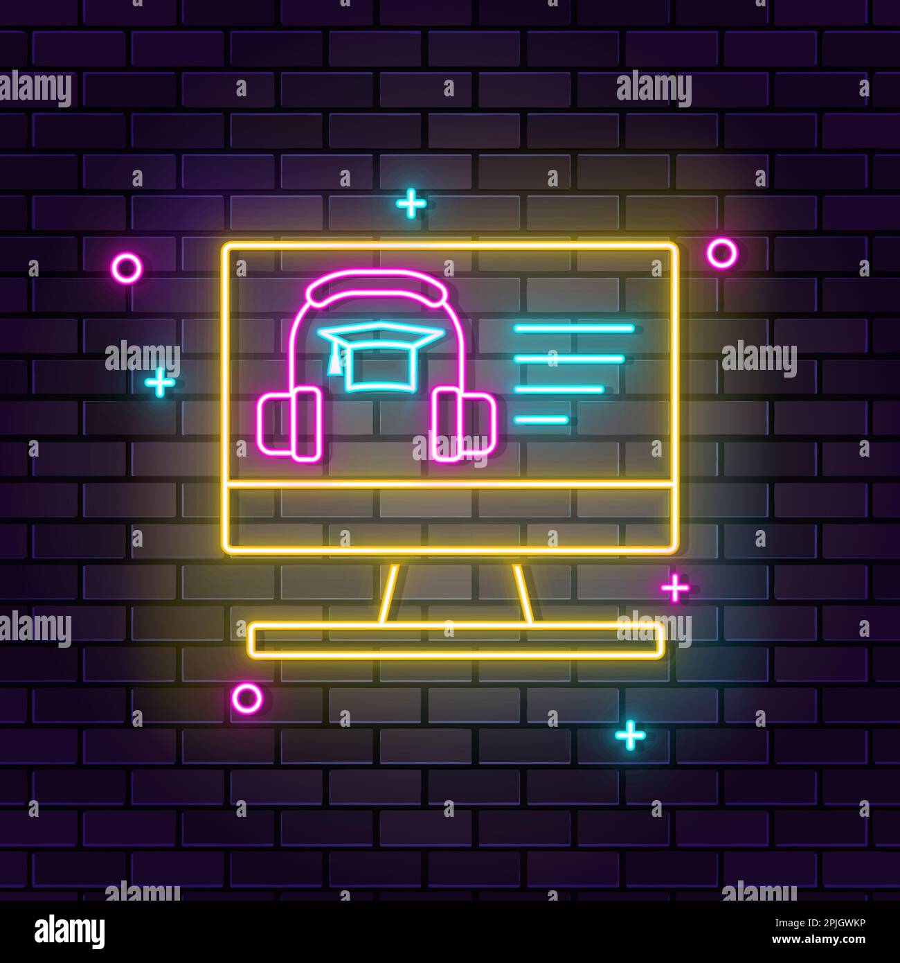 Icône néon eLearning. Icône de l'éducation au néon sur fond de mur de briques sombres Illustration de Vecteur