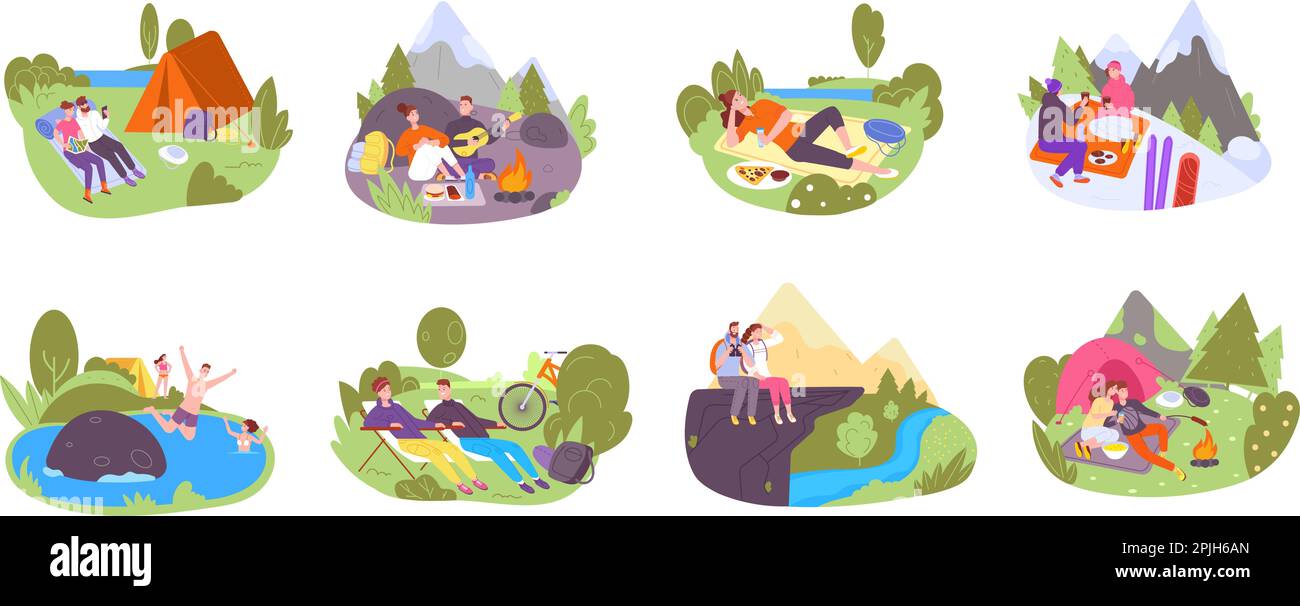 Camp de repos. Pique-nique en famille ou entre amis tente activités de camping, randonnée en montagne ski camping chant feu de camp cuisine en plein air détente en rivière, illustration vectorielle d'un pique-nique en famille été Illustration de Vecteur