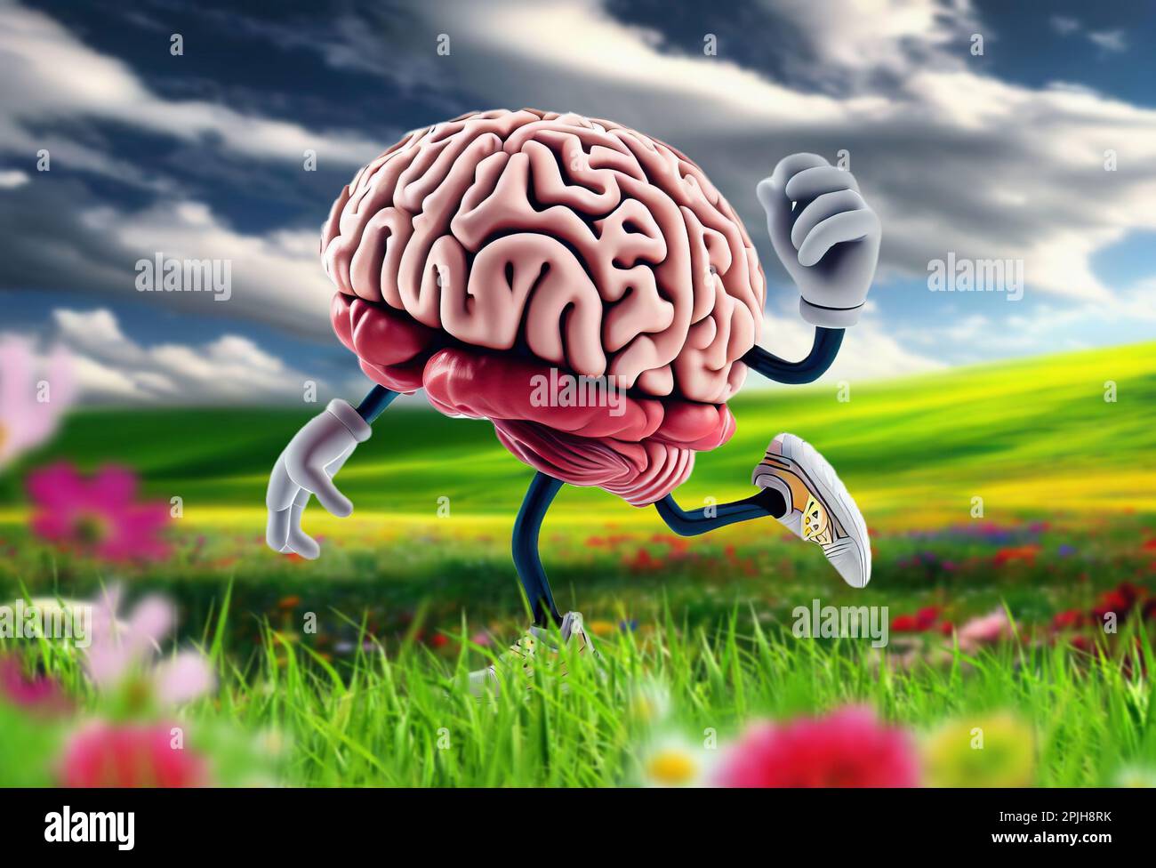 Entraînez votre cerveau, une image conceptuelle d'un jogging de cerveau dans une belle prairie. Banque D'Images