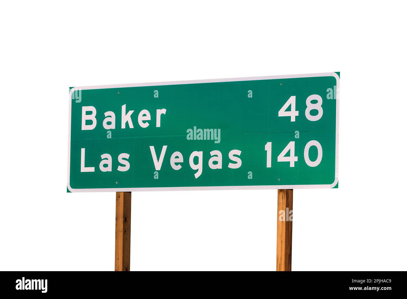 Las Vegas et Baker I-15 panneau de distance de l'autoroute avec arrière-plan découpé. Banque D'Images