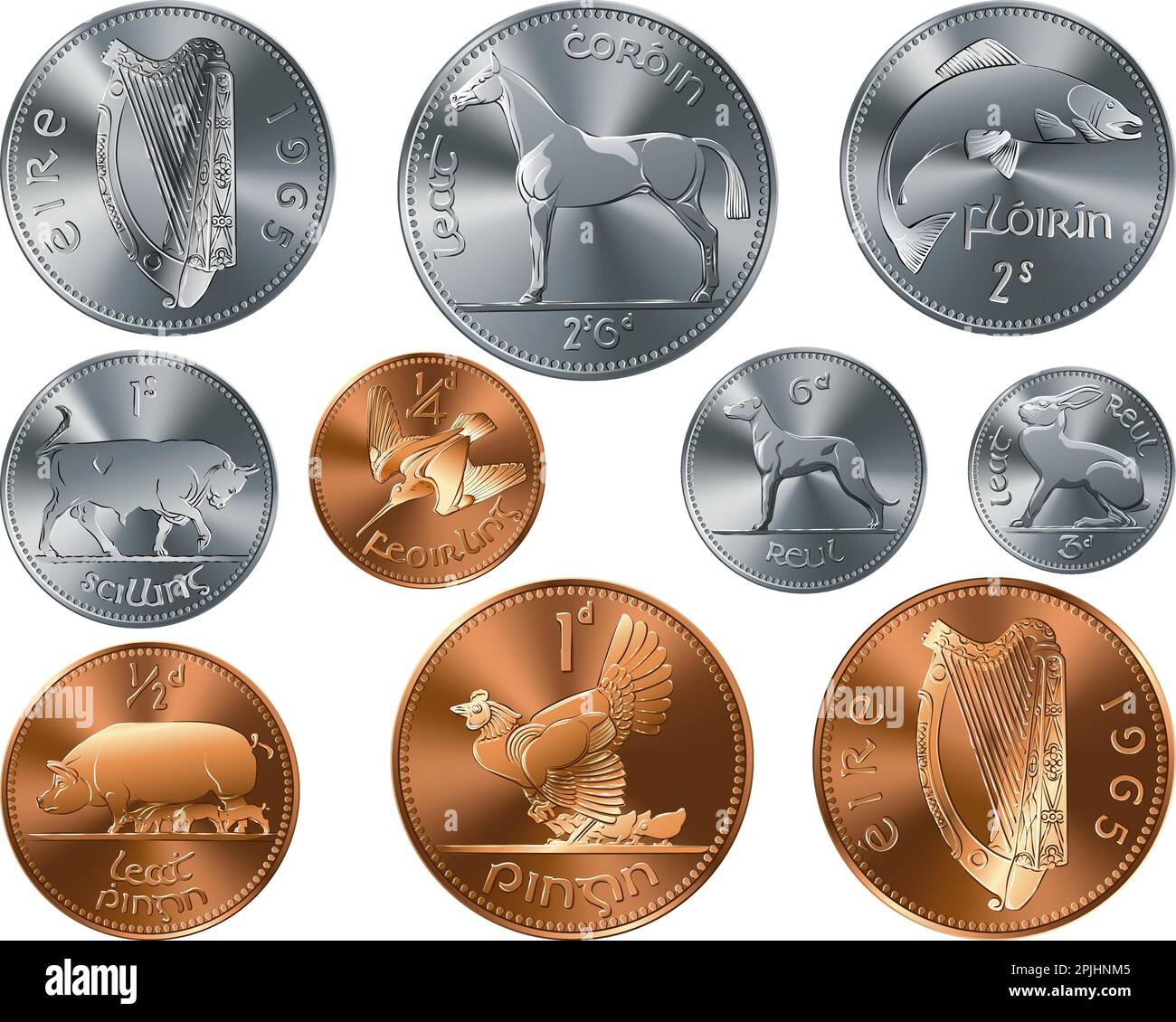 Ensemble vectoriel d'argent irlandais pièces prédécimales d'or et d'argent Penny Illustration de Vecteur