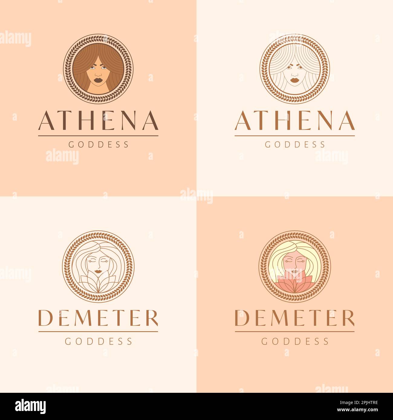 Ensemble d'emblèmes Athena et Demeter. Belle illustration vectorielle déesse, logo. Ensemble de logo de femme antique. Illustration de Vecteur