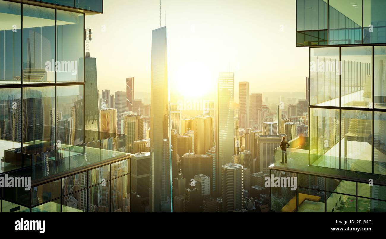 Jeune homme d'affaires debout sur le balcon et regardant la vue moderne sur la ville au lever du soleil. Concept d'ambition de réussite commerciale. 3d rendu Banque D'Images