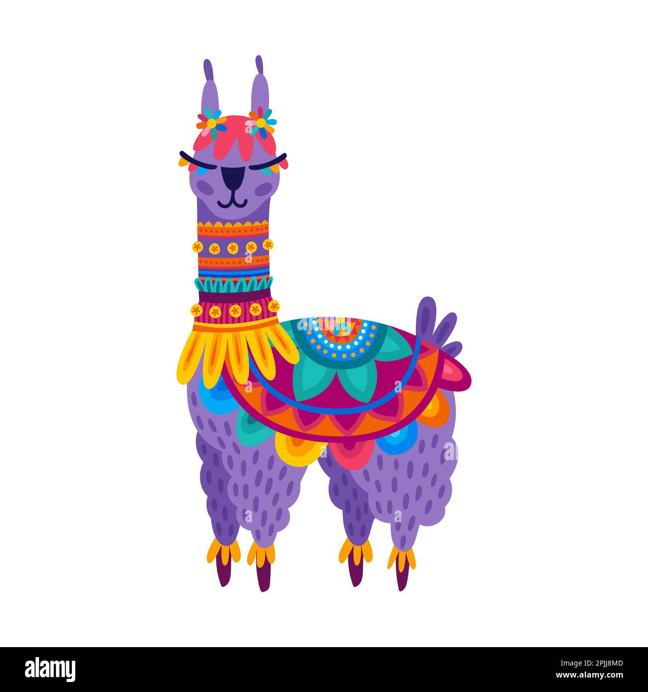 Jouet pour enfants Llama alpaca, animal décoré de fleurs. Personnage de bébé Vector llama, personnage de dessin animé. Guanaco lama sauvage du Mexique ou du pérou Illustration de Vecteur