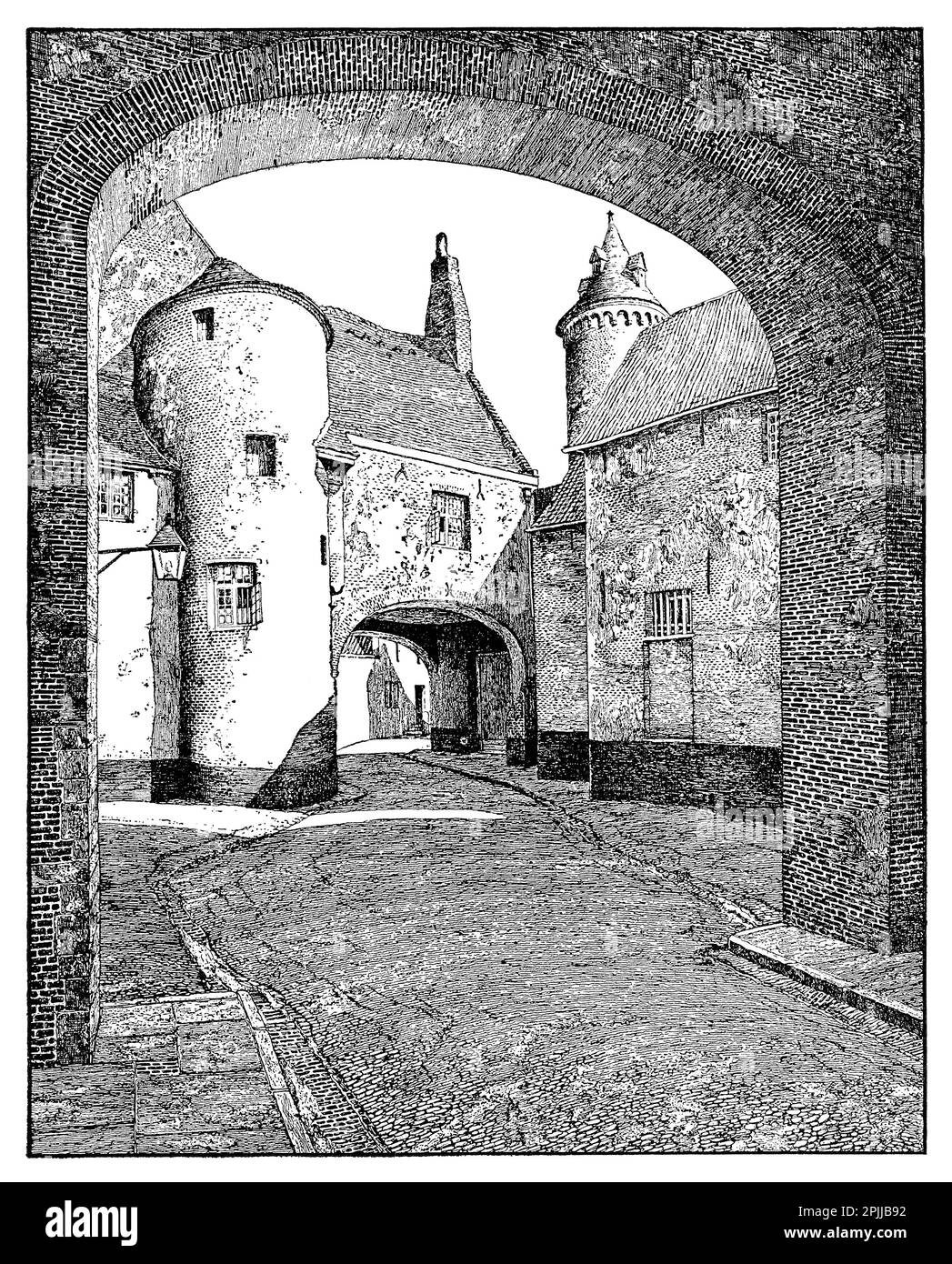 1914 illustration par Charles Wade du Boterhuis et du Ghistelhof à Bruges, Belgique. Extrait du livre Bruges: A Record and a impression by Mary Stratton. Banque D'Images