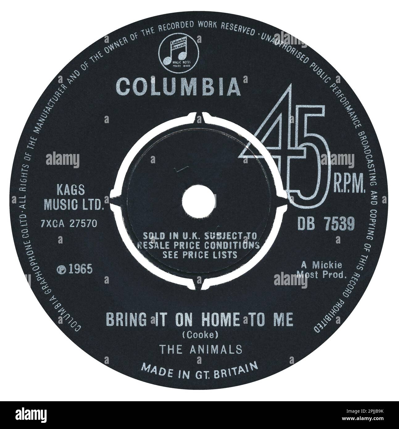 45 RPM 7' UK label of Bring IT on Home to Me by the Animals sur le label Columbia de 1965. Écrit par Sam Cooke et produit par Mickie Most. Banque D'Images