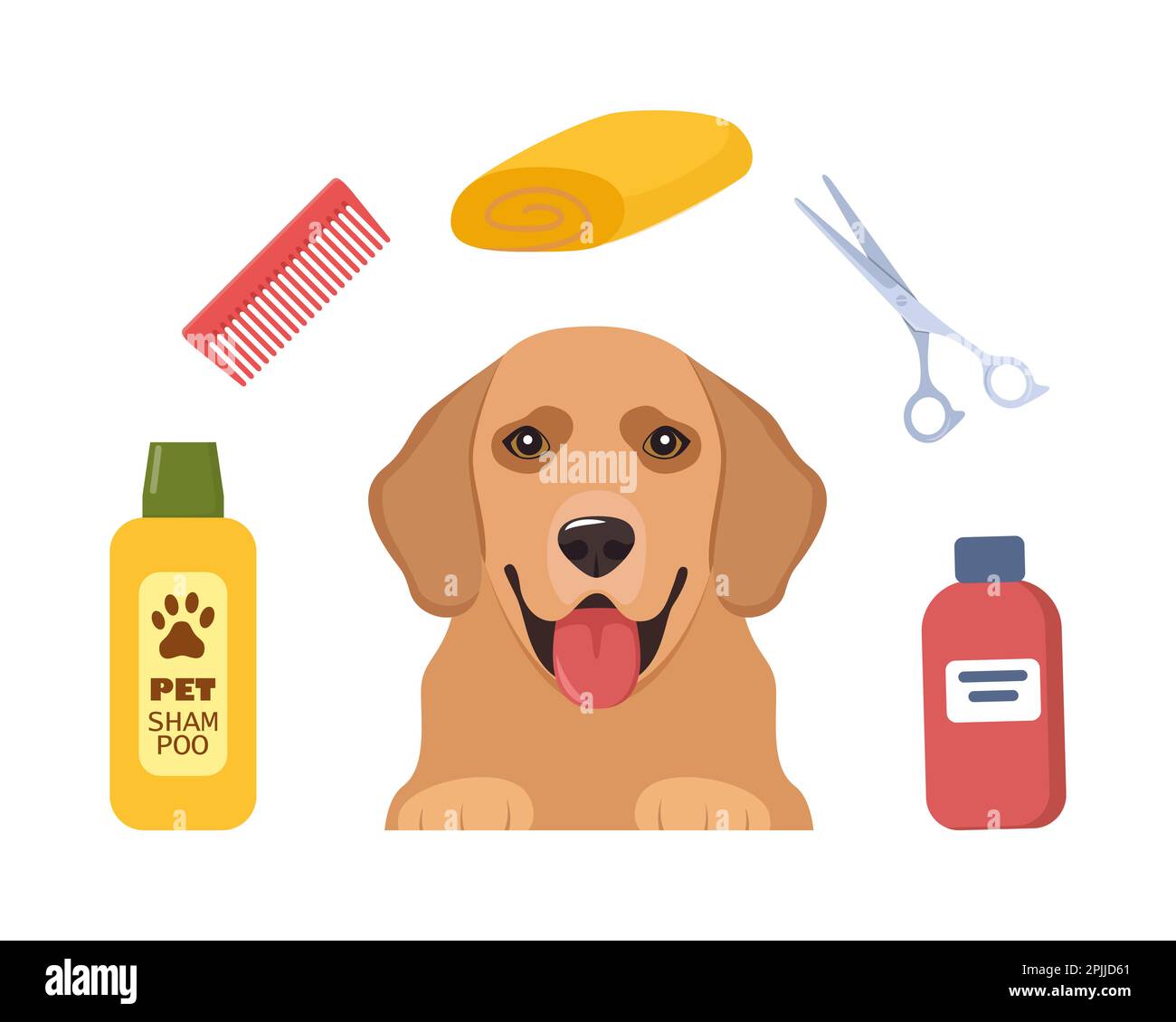 Soins pour chiens. Prendre soin des animaux. Salon de coiffure pour chiens. Golden Retriever. Outils pour le soin des animaux. Ciseaux, brosse, shampooing, serviette. Salon de toilettage pour animaux Illustration de Vecteur