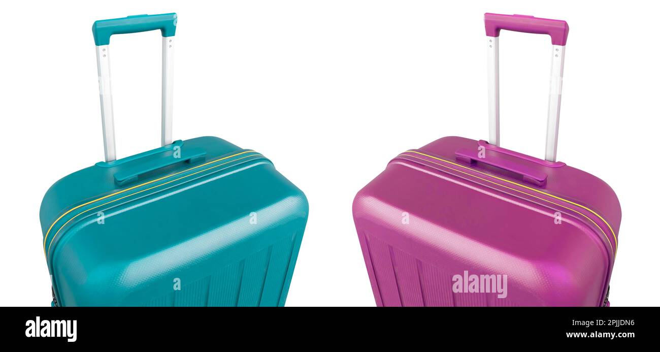 Vue avant de la valise verte et rose avec long manche télescopique isolé sur fond blanc. Valise isolée. Voyage vert et rose à la mode s Banque D'Images