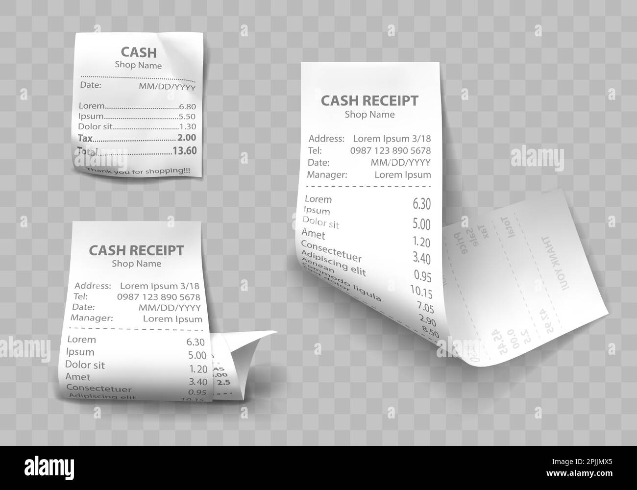 Achetez un ensemble de reçus d'espèces d'illustrations vectorielles isolées réalistes. Factures de paiement papier direct et gondolé avec code à barres, marchandises et leur prix, taxes et montant total Illustration de Vecteur