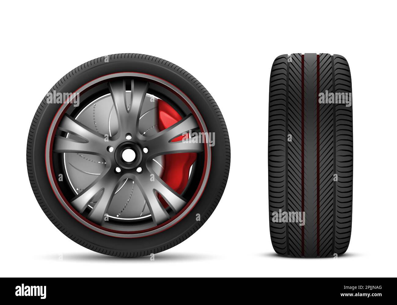 Roue de voiture sport avec engrenage de frein rouge et disque en acier japonais isolé sur fond blanc vue avant et latérale. Icône réaliste 3D de roue jdm avec pneu en caoutchouc noir pour automobile Illustration de Vecteur Roue de voiture sport avec engrenage de frein rouge et disque en acier japonais isolé sur fond blanc vue avant et latérale. Icône réaliste 3D de roue jdm avec pneu en caoutchouc noir pour automobile Illustration de Vecteur