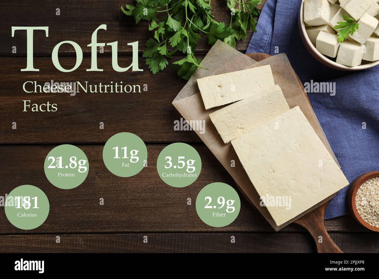 Tofu savoureux et des informations sur ses faits nutritionnels sur fond de bois, plat Banque D'Images