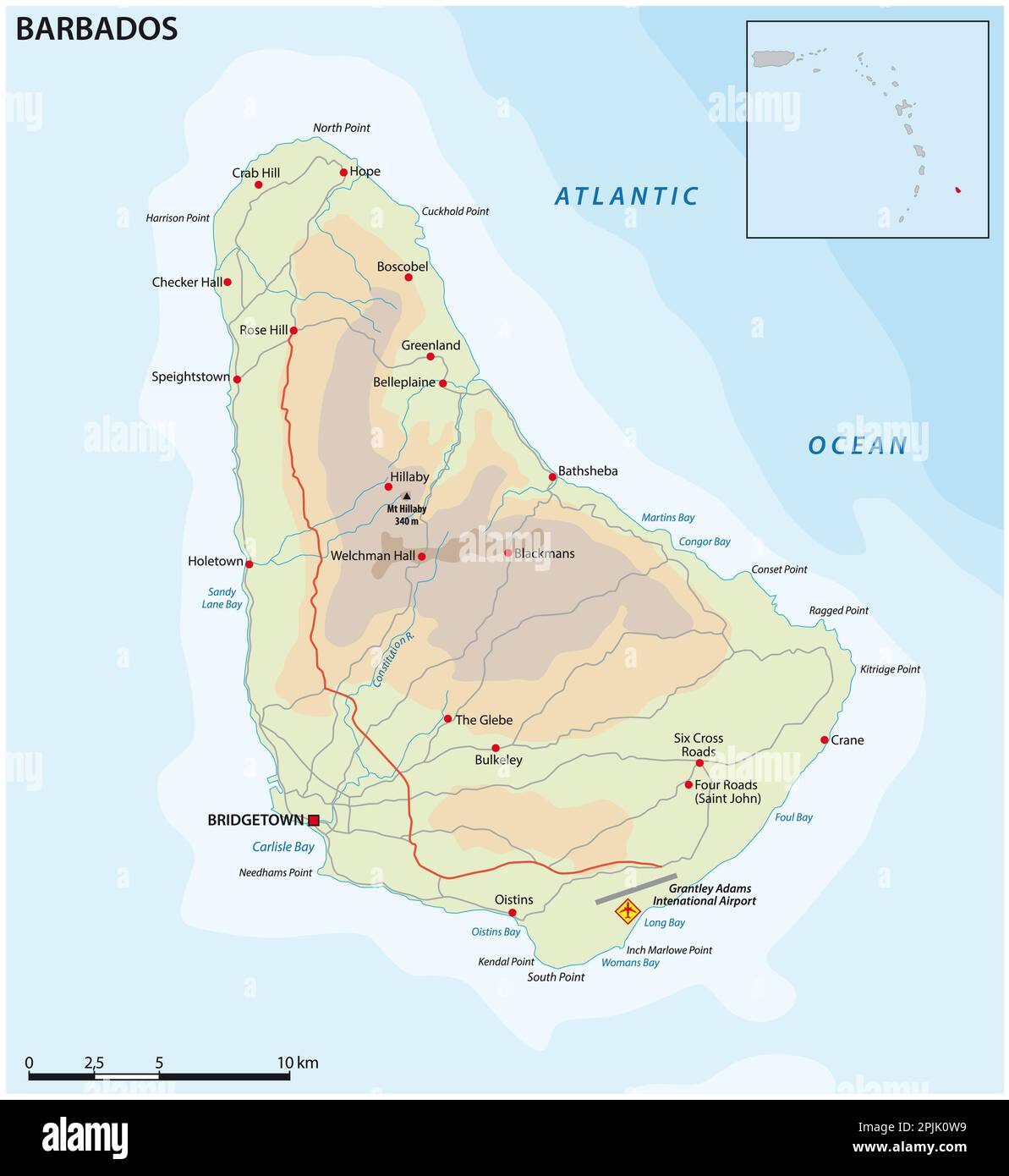 Carte routière vectorielle de l'île des Petites Antilles de la Barbade Banque D'Images