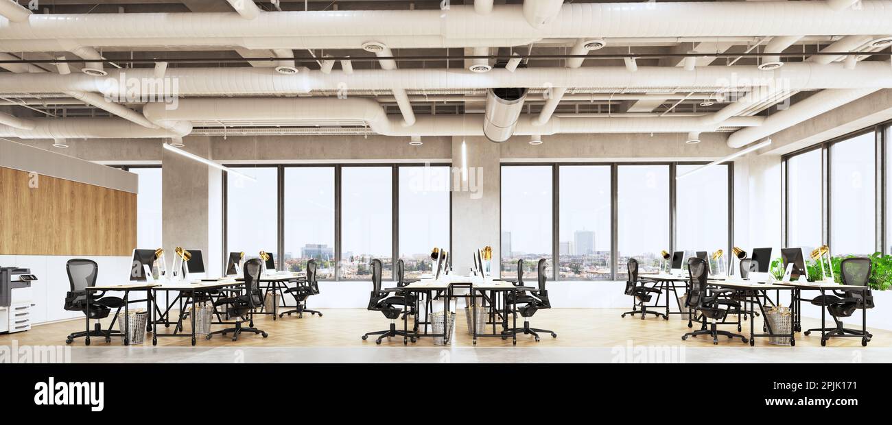 3D illustration du bureau moderne. Bureau lumineux de style loft. Banque D'Images