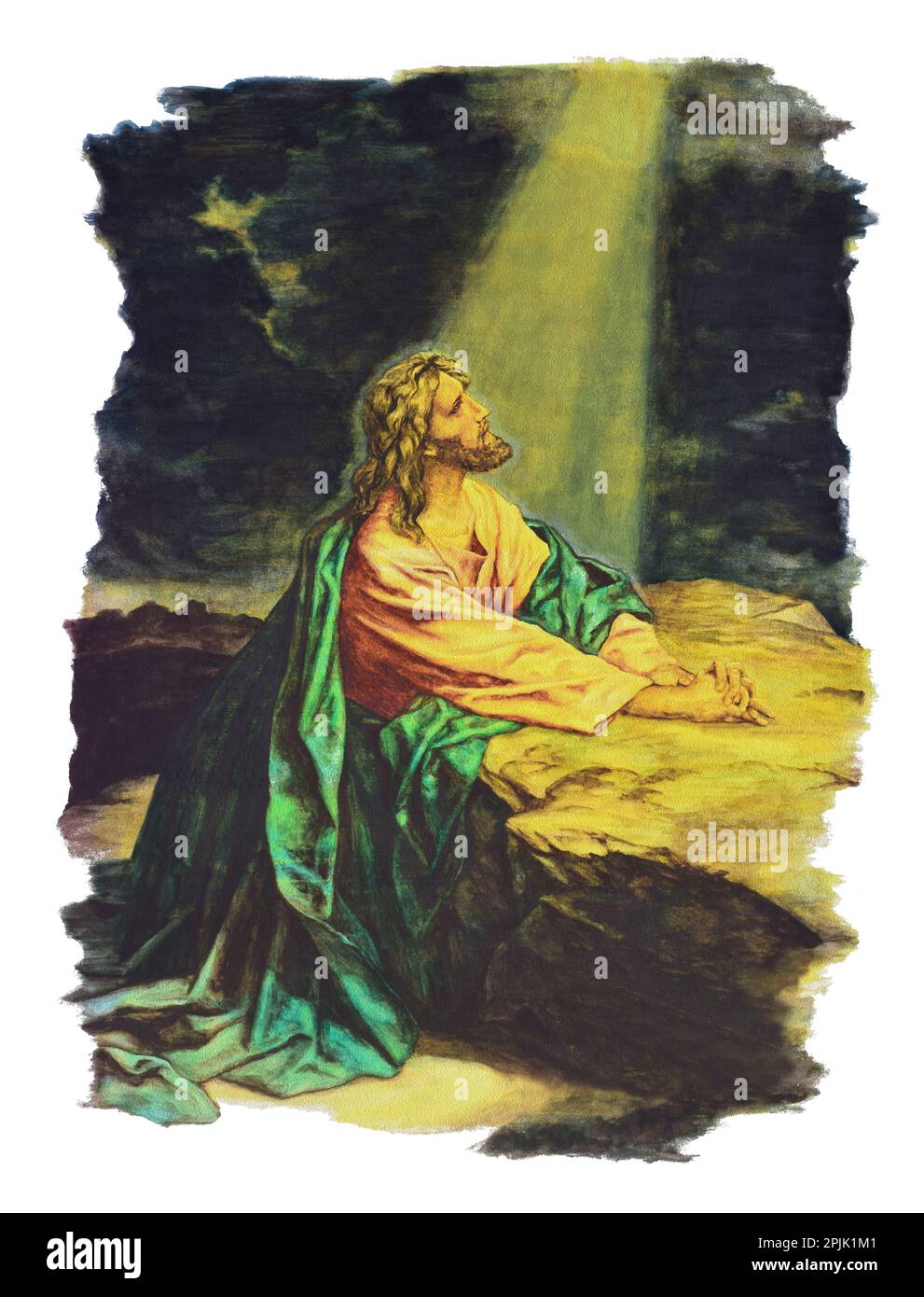 Illustration dessinée à la main de Jésus christ priant dans le jardin. peinture à l'huile. aquarelle Banque D'Images