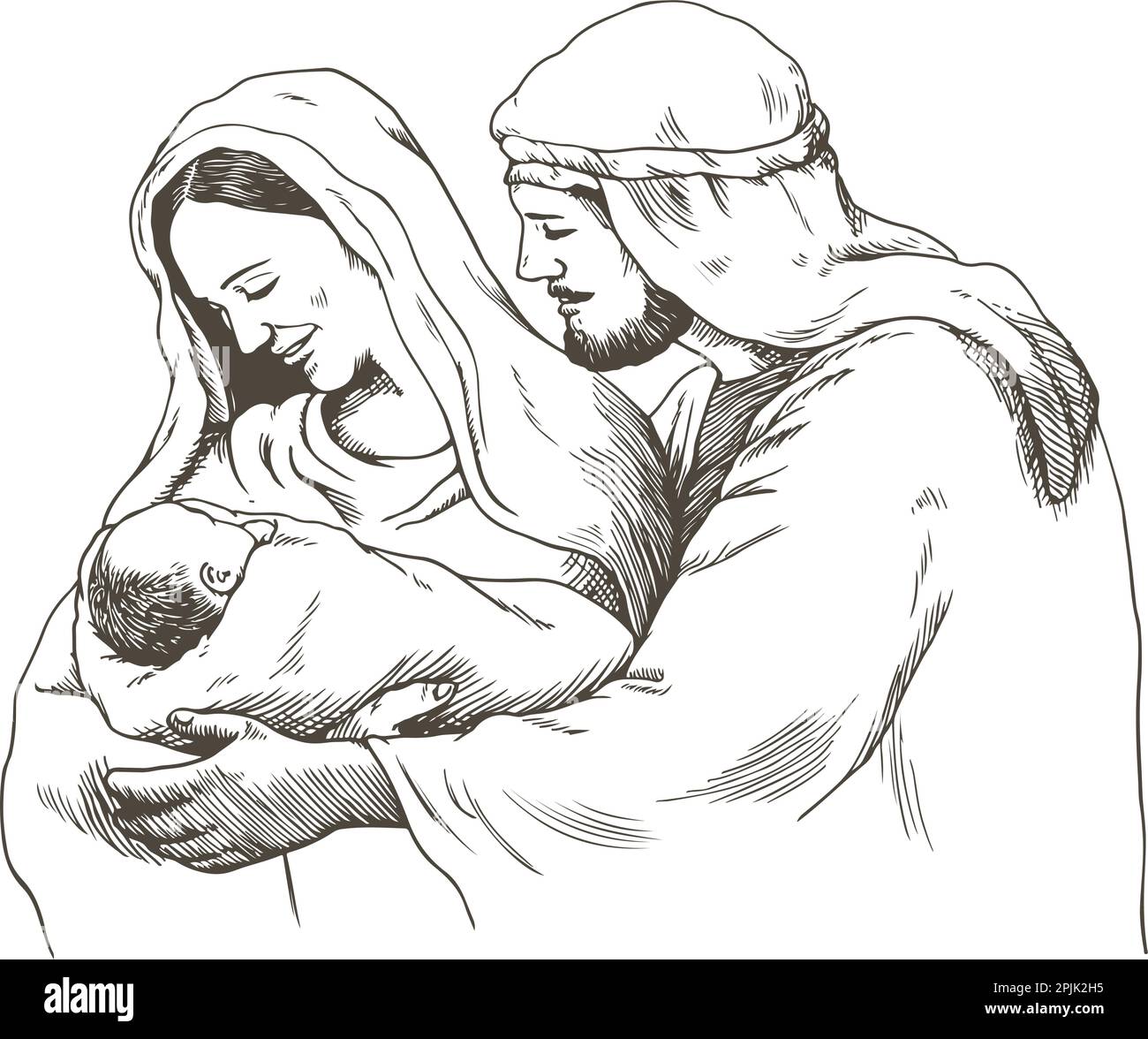 Scène de la nativité de Noël de Joseph et Marie tenant bébé Jésus dessin à la main illustration Illustration de Vecteur
