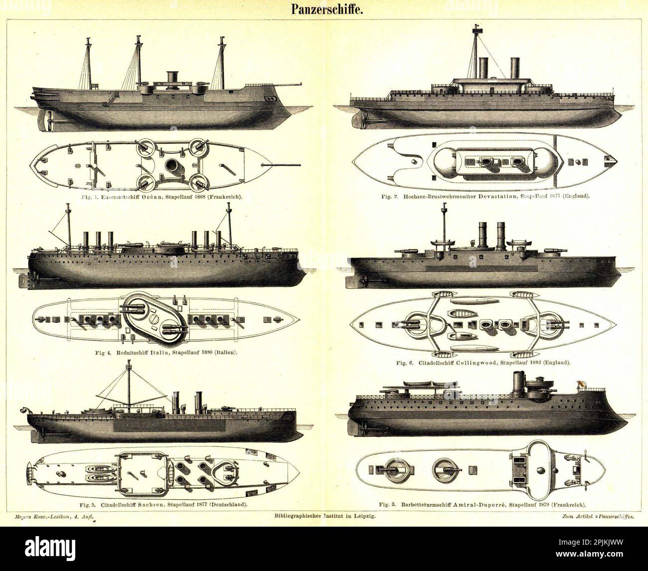 Dessins de l'ingénieur marin de six cutleships en fer de mer des 1800s - (de haut en bas, à gauche) l'Océan allemand, l'Italie Italia, la Saxe allemande, (de haut en bas, à droite) la dévastation de l'Angleterre et Collingwood, et l'Amiral Duperre de France Banque D'Images
