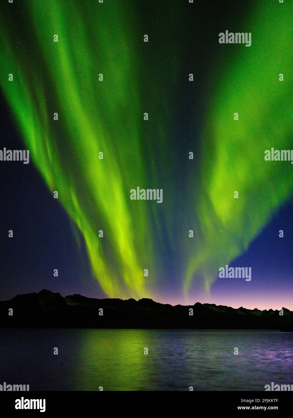 Lumières du Nord sur le fjord Angmagssalik près de la colonie Kuummiit. Région d'Ammassalik dans l'est du Groenland, territoire danois Banque D'Images