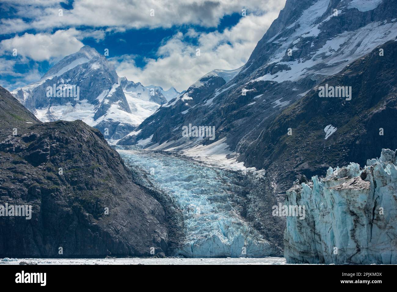 Des montagnes puissantes qui s'élèvent au-dessus d'un glacier sans nom à Johns Hopkins Inlet. Banque D'Images