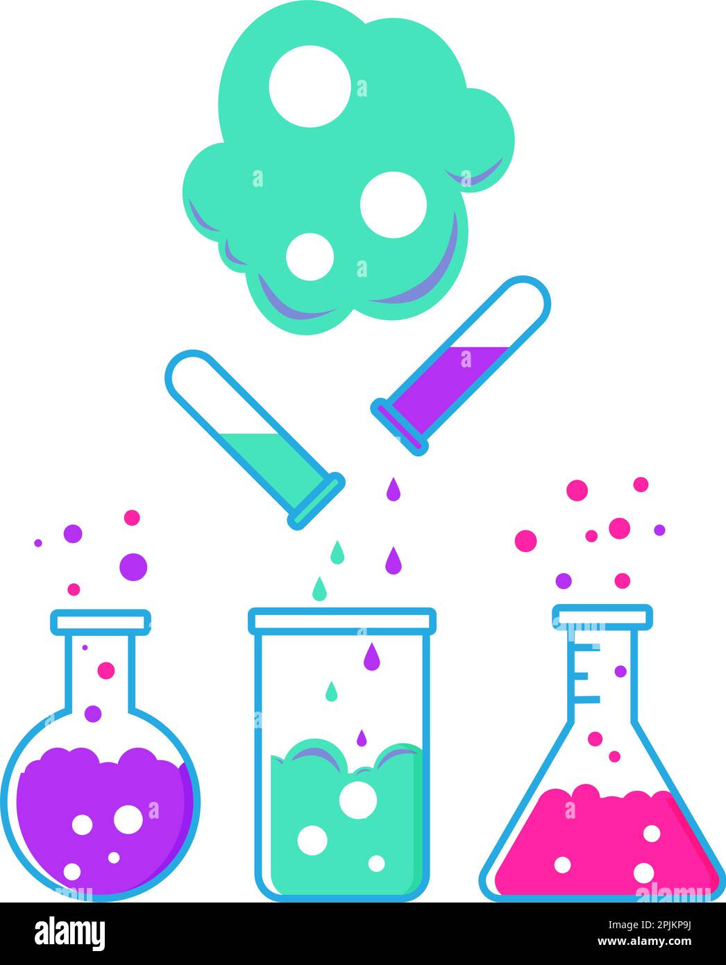 Expérience scientifique chimie multicolore avec des substances. Le mélange de liquides après explosion vert Illustration de Vecteur