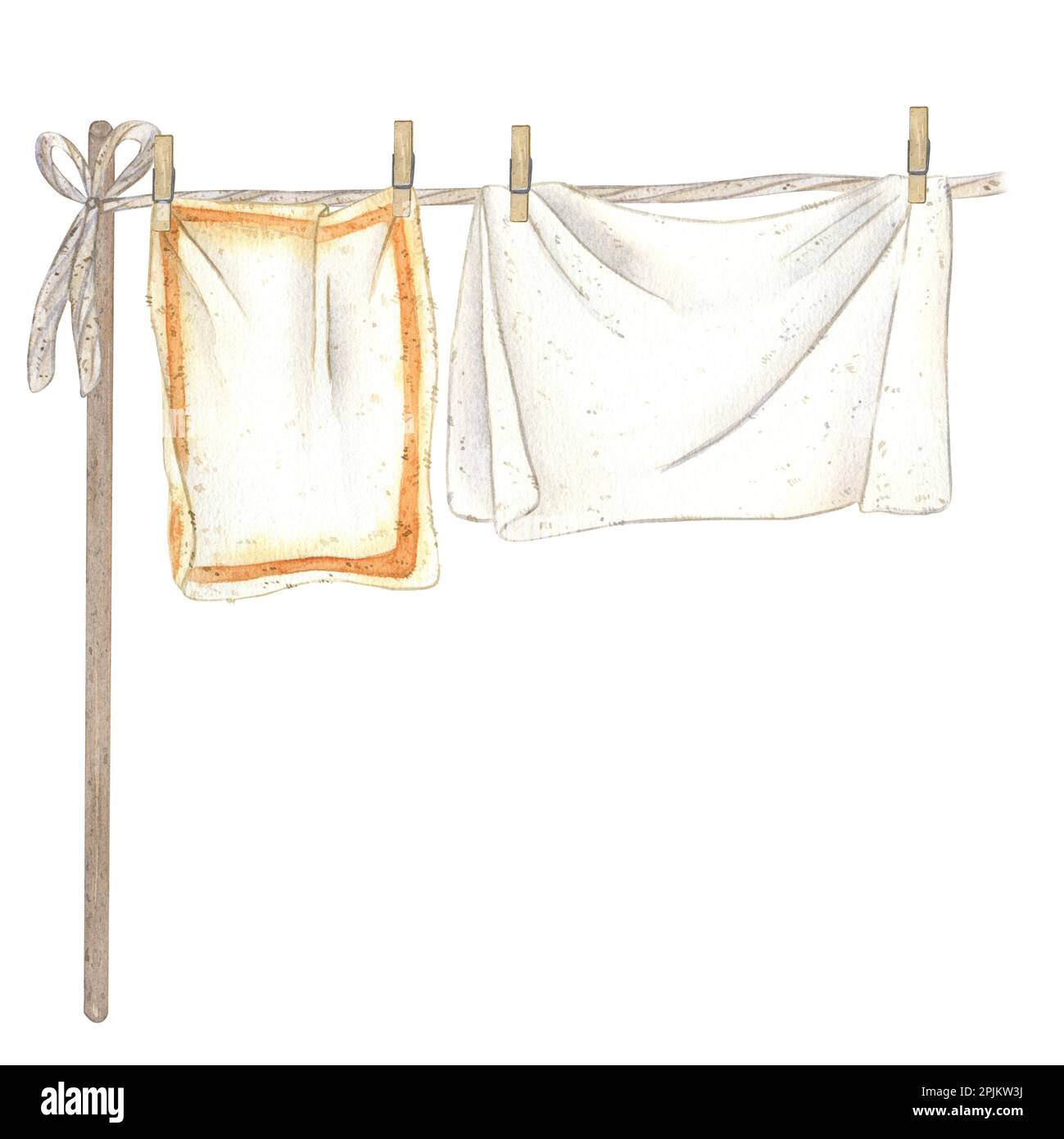 Illustration aquarelle avec séchage de linge propre sur une corde, serviette et linge de lit sur des épingles à linge. Isoler sur un fond blanc. Conception adaptée à p Banque D'Images