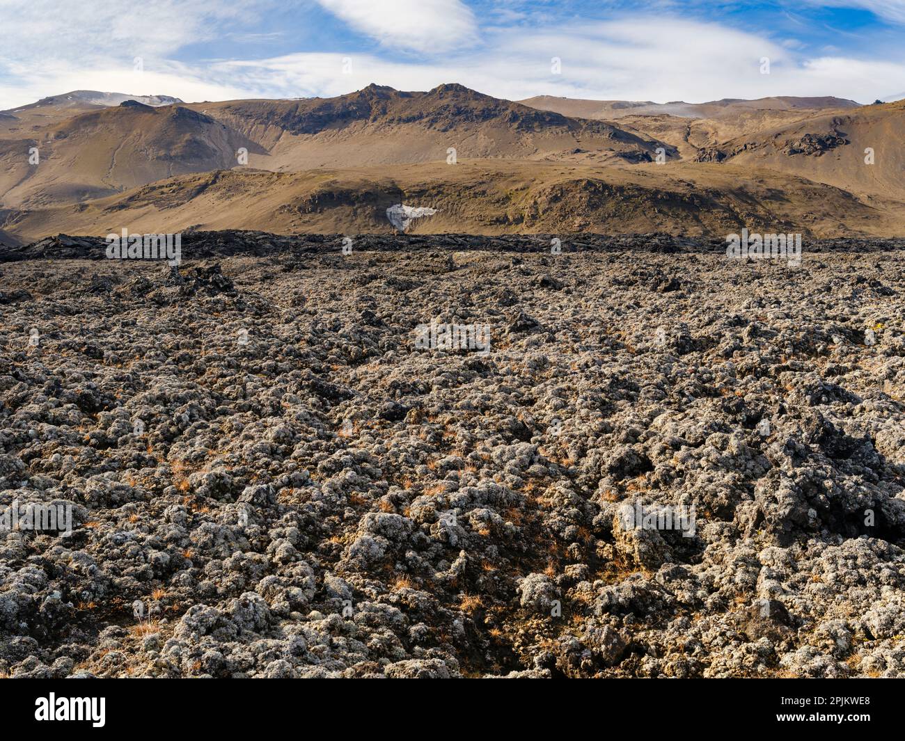 Coulée de lave au volcan Askja. Highlands dans le parc national de Vatnajokull, site classé au patrimoine mondial de l'UNESCO, Islande Banque D'Images
