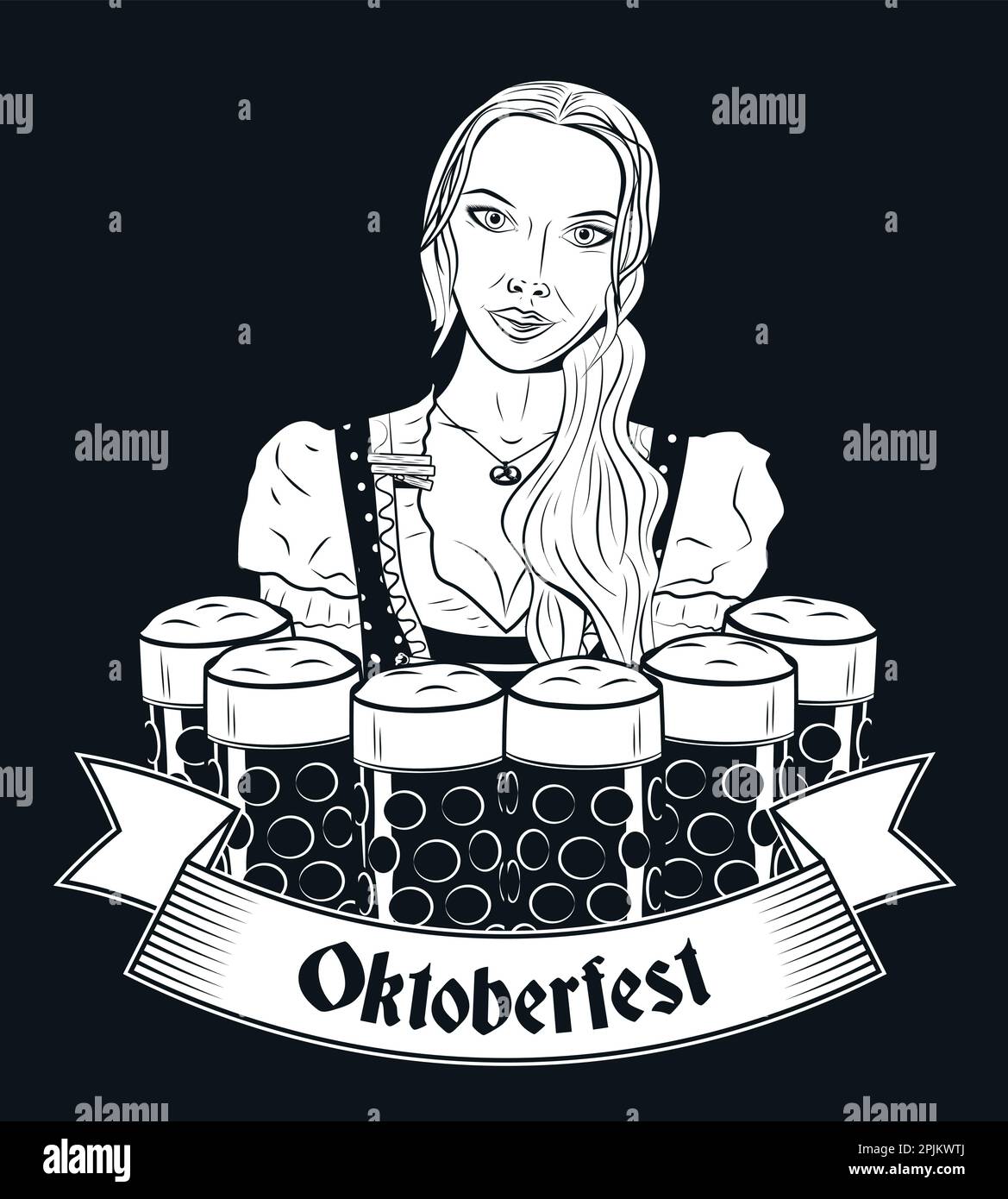 Bannière ou étiquette Oktoberfest vintage avec serveuse vêque de vêtements nationaux portant six verres à bière. Oktoberfest German Beer Festival design concept dans vi Illustration de Vecteur