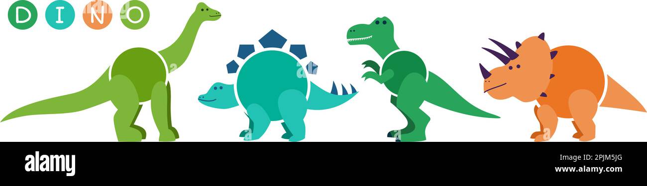 Jeu de personnages de dessins animés dinosaures - t rex etc Dessins animés dinosaures pour les vêtements, vêtements et imprimés pour enfants. S'applique comme autocollants, étiquettes ou pa Illustration de Vecteur