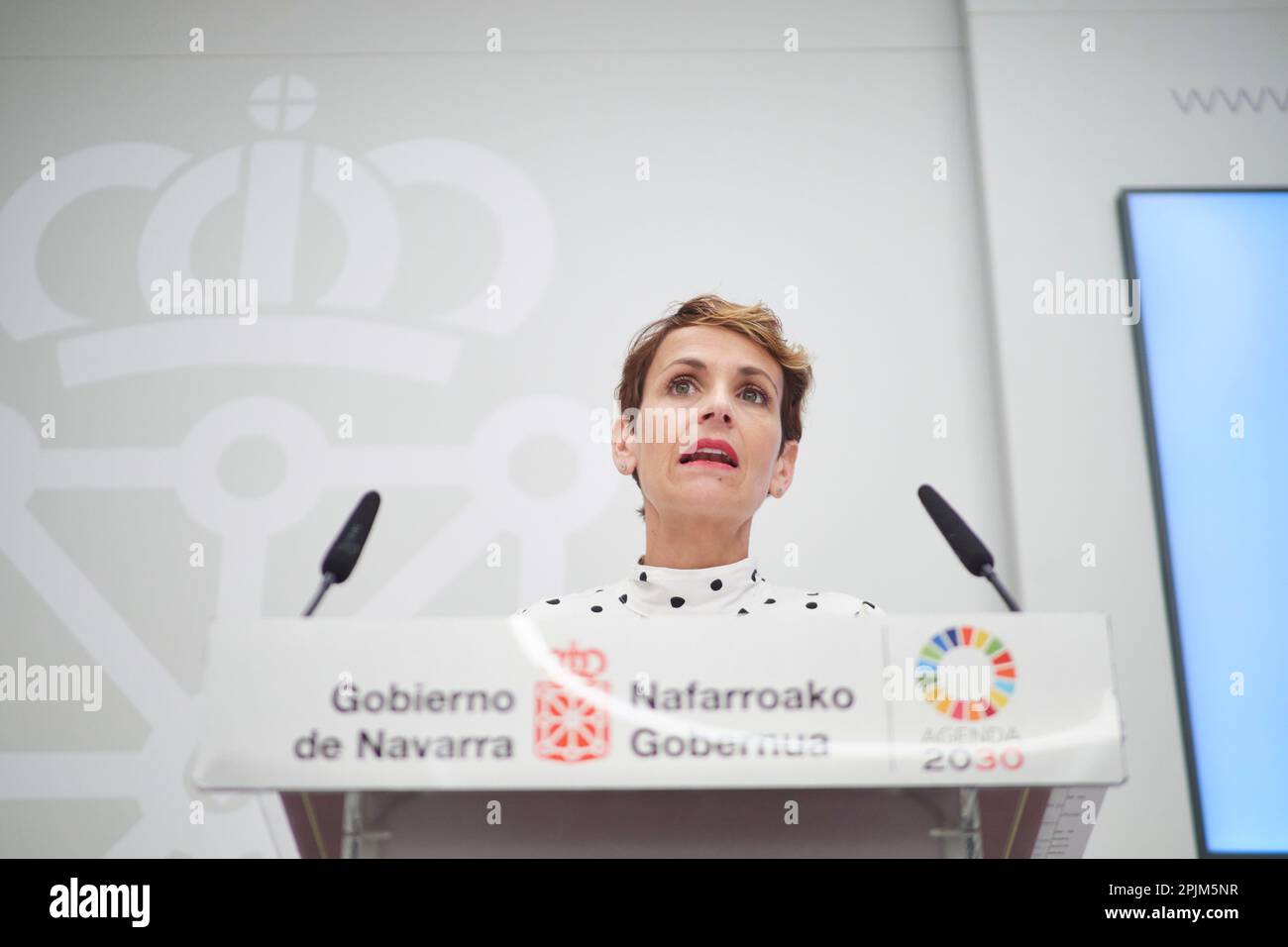 The President of the Government of Navarra, María Chivite, during a press conference after signing the Decree of elections to the Parliament of Navarra, at the Palace of Navarra, on April 3, 2023, in Pamplona, Navarra (Spain). Chivite has signed the Decree of convocation of elections to the Parliament of Navarre, whose elections will take place next May 28. 03 APRIL 2023;ELECTIONS;NAVARRA;PARLIAMENT;28MAY;MUNICIPAL Eduardo Sanz / Europa Press 04/03/2023 (Europa Press via AP) Banque D'Images