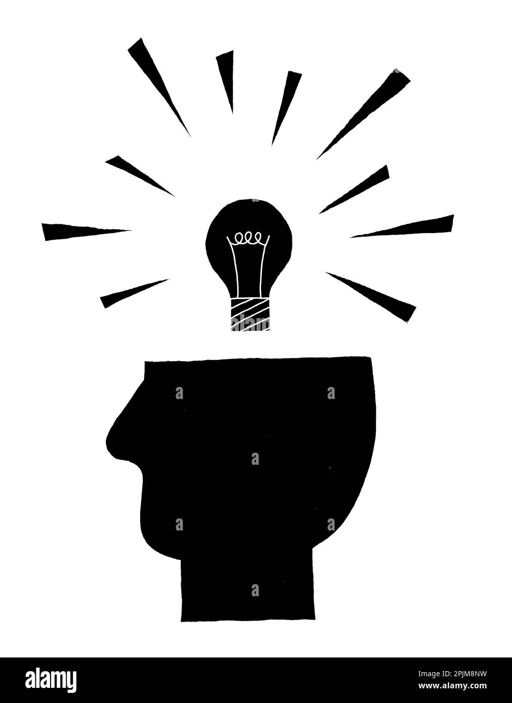 Illustration noire et blanche d'une ampoule au-dessus de la tête d'une personne, illustrant la théorie des mémoires d'ampoules de Roger Brown Banque D'Images