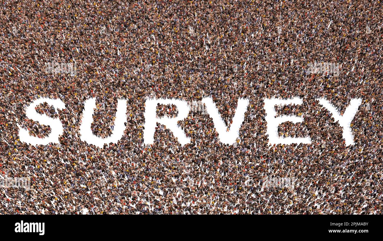 Concept conceptuel vaste communauté de personnes formant le mot ENQUÊTE. 3d métaphore de l'illustration pour la rétroaction et la notation, l'évaluation, la satisfaction Banque D'Images