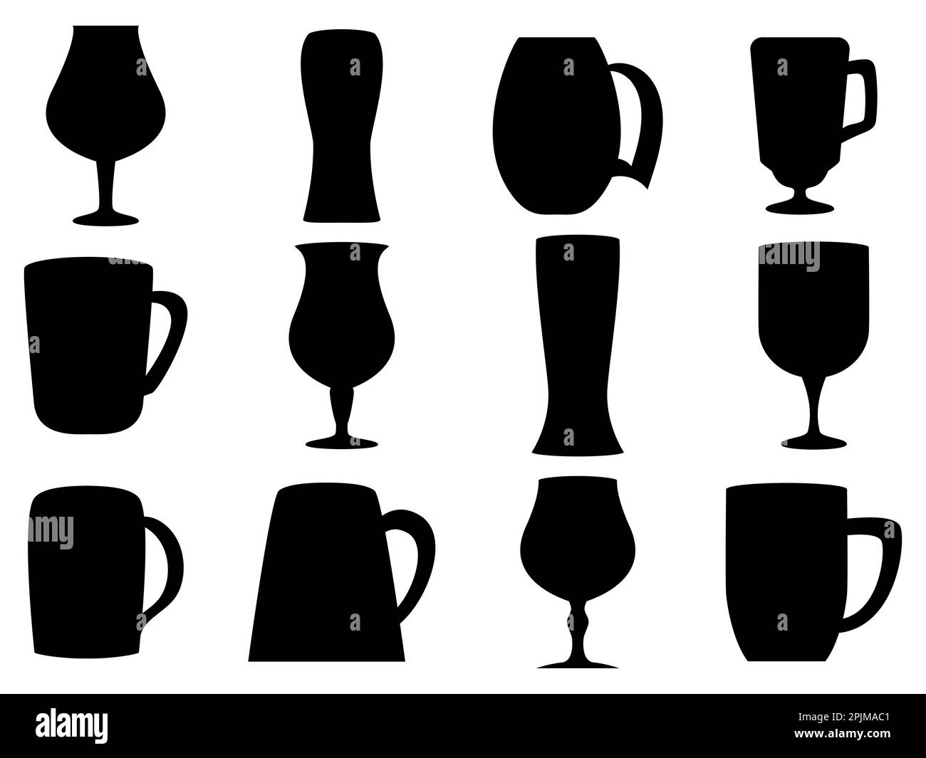 Ensemble de verres à bière noirs isolés sur fond blanc. Silhouettes de verres à bière. Verres à bière de différentes formes. Conception d'amphora pour affiches, bannières Illustration de Vecteur