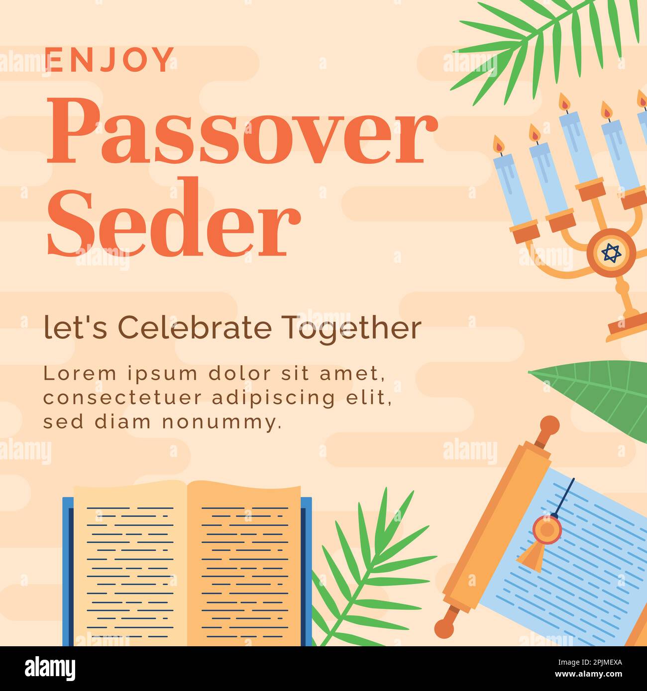 Joyeuses fêtes juives de la Pâque, fêtons le Seder Pesach, carte de vœux avec des icônes traditionnelles. ecriture, torah, feuilles de fleurs, symboles et icônes Illustration de Vecteur
