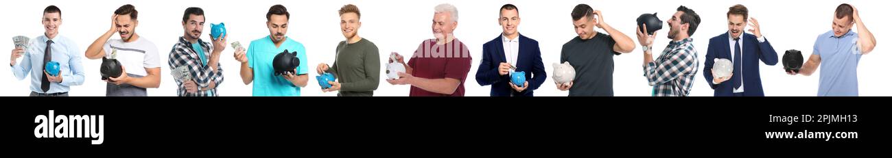 Collage avec photos d'hommes tenant des bancs de porc sur fond blanc. Bannière Banque D'Images