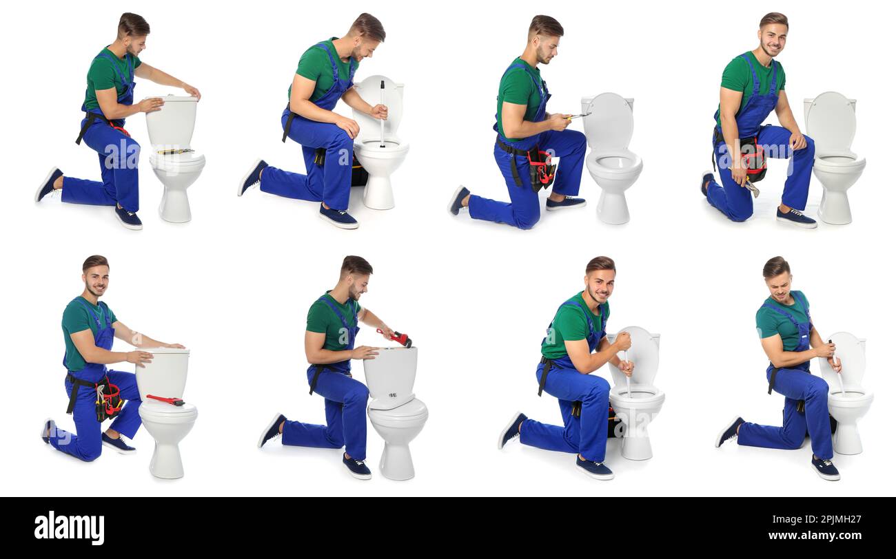 Collage de photos de plombier réparant le bol de toilette sur fond blanc Banque D'Images