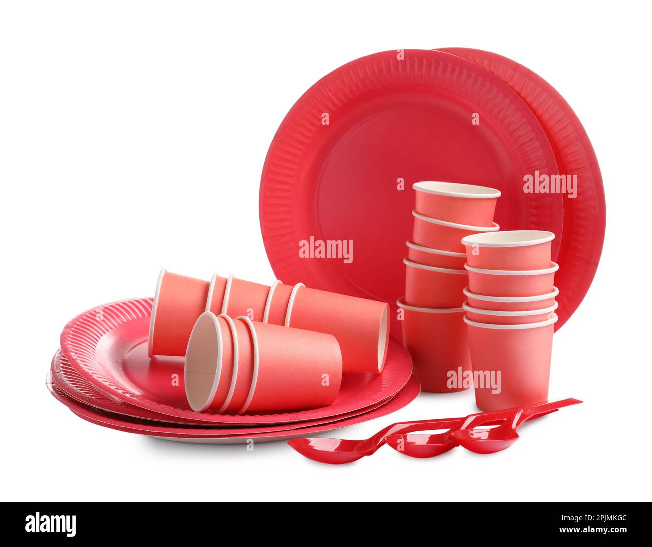 Ensemble de vaisselle jetable brillante sur fond blanc Photo Stock - Alamy