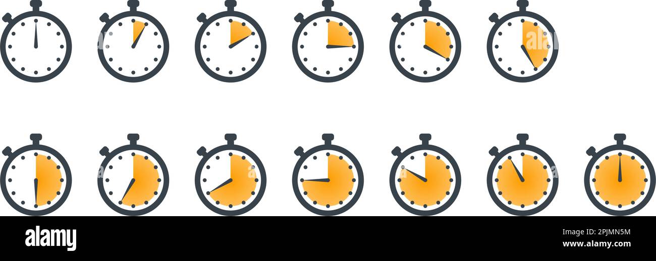 Ensemble d'icônes de chronomètre indiquant le temps - 5,10,15,20,25,30,35,40,45,50,55 minutes ou secondes. Jaune et noir. Ensemble de minuteries minimalistes. Cuisine TI Illustration de Vecteur