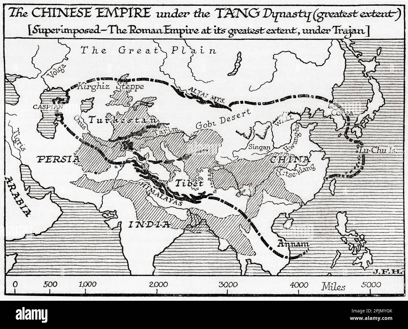 Carte de l'Empire chinois sous la dynastie Tang, à sa plus grande étendue et, superposée, l'Empire romain à sa plus grande étendue sous Trajan. Extrait du livre Outline of History de H.G. Puits, publié en 1920. Banque D'Images