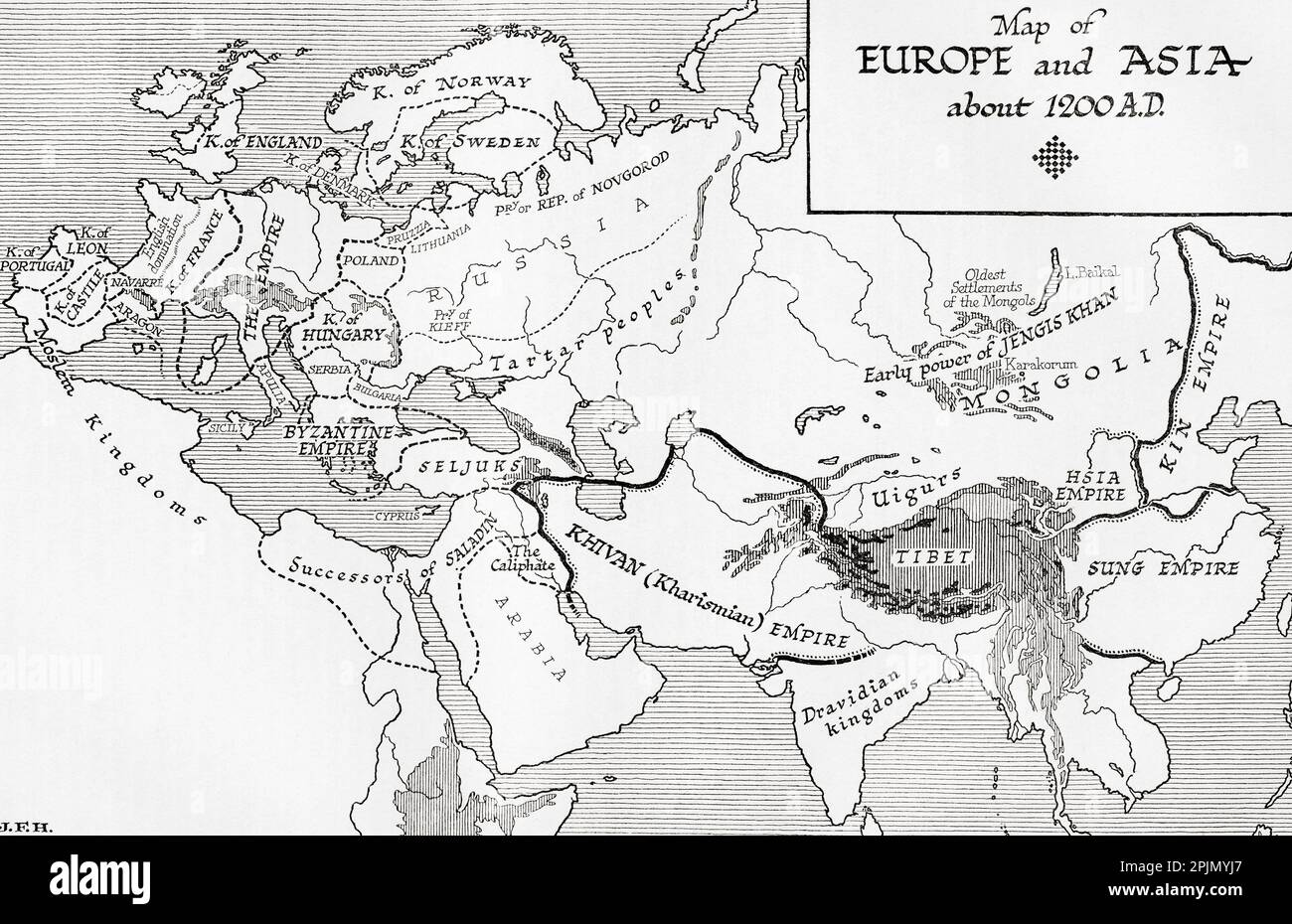 Carte de l'Europe et de l'Asie vers 1200 AD. Extrait du livre Outline of History de H.G. Puits, publié en 1920. Banque D'Images