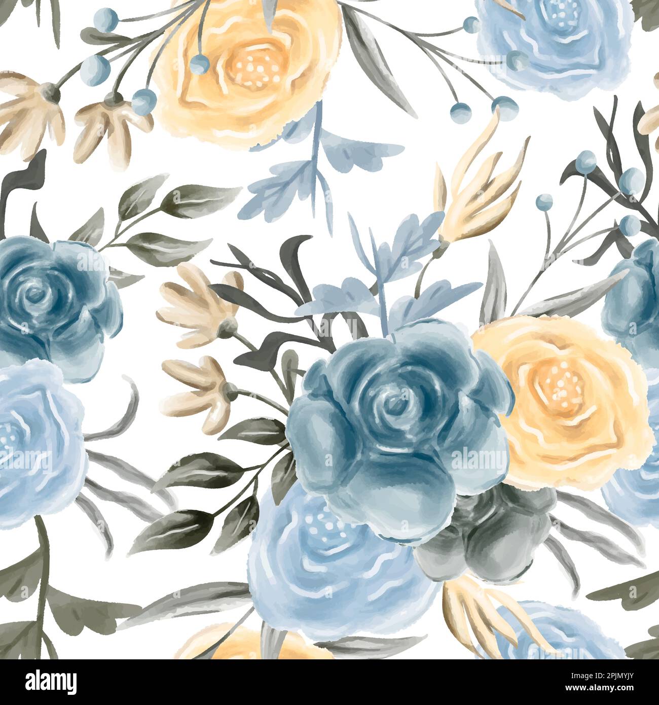 Motif floral aquarelle sans couture - éléments de fleurs bleu beige blush, branches de feuilles vertes sur fond blanc ; pour emballages, papiers peints, cartes postales Illustration de Vecteur