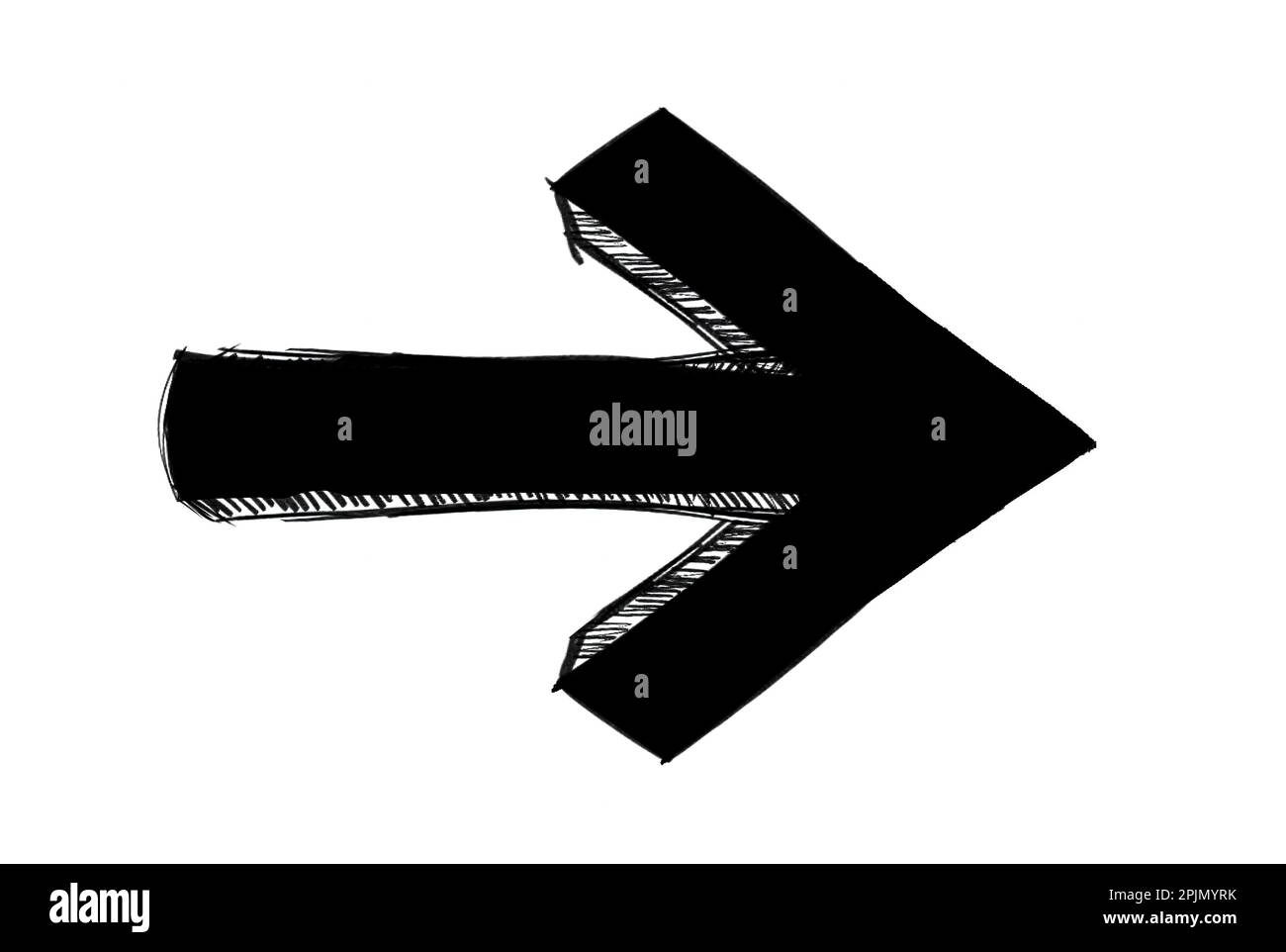 Signe de direction de la flèche grungie à l'encre noire peint avec un pinceau sur fond blanc transparent. Dessin à la main d'une flèche à trait fin. Banque D'Images