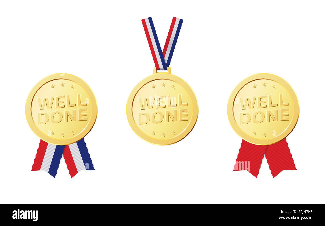 Médailles réalistes avec rubans rayés et texte bien fait. Des prix d'or réalistes pour le gagnant, le succès, la réussite. Applicable aux certificats de gagnant Illustration de Vecteur