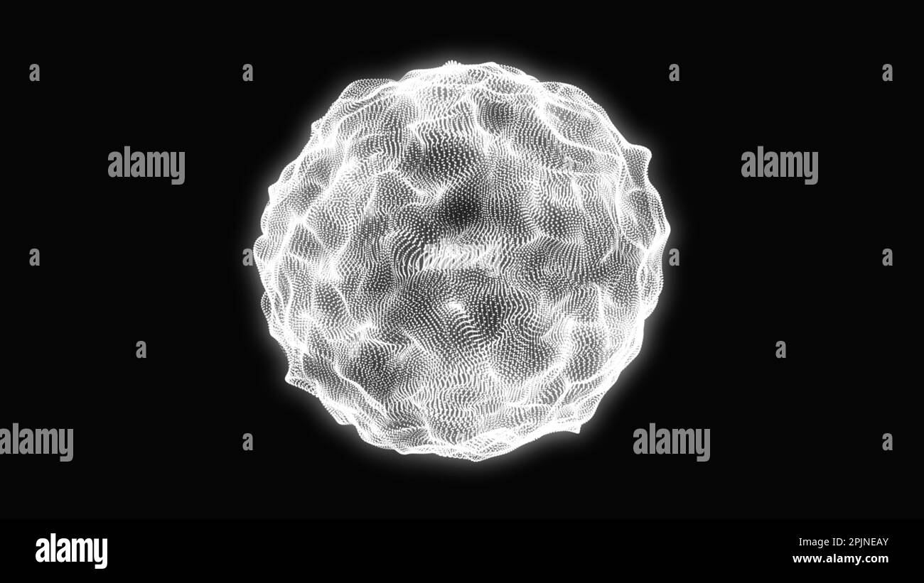 Arrière-plan sphérique à points lumineux blancs. Concept géométrique de technologie moderne avec points sphériques luminescents. Ondes de distorsion en boucle sur la sphère abstraite de la pièce Banque D'Images