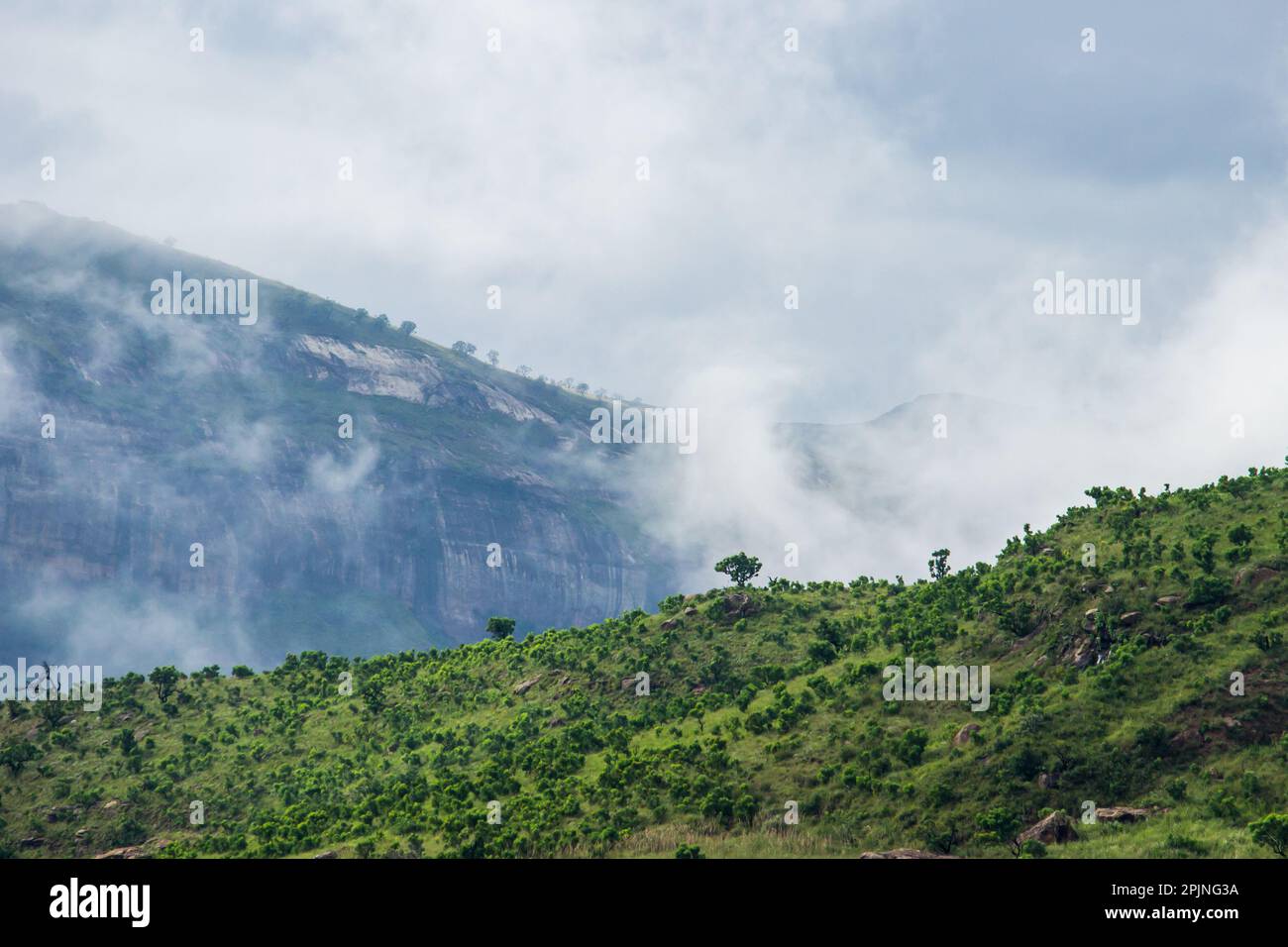 Brume se rassemblant entre deux crêtes de montagne Banque D'Images