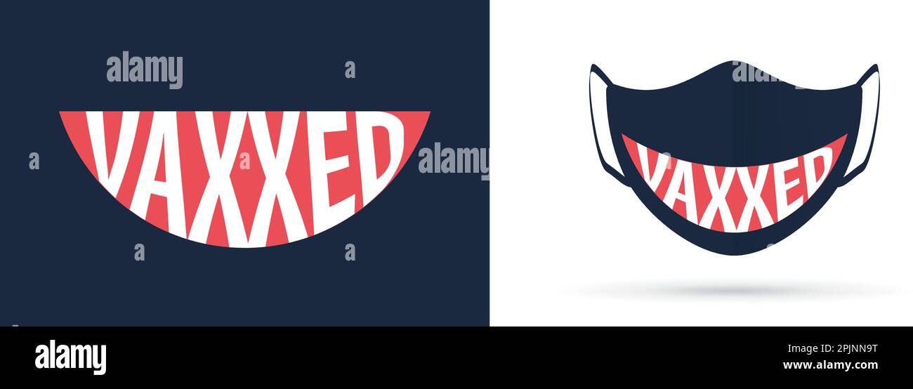 Masque de protection contre les virus avec imprimé sourire. Vaxxed (vacciné) mot. Modèle de masque de face isolé. Modèle de protection réaliste, maquette. 3d rendu. Illustration de Vecteur