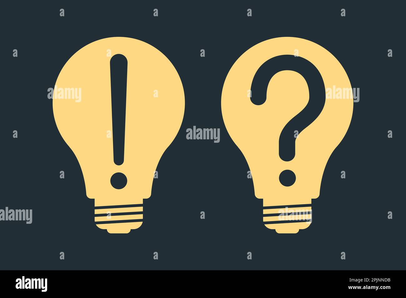 Ampoule jaune, lampe avec point d'exclamation et point d'interrogation