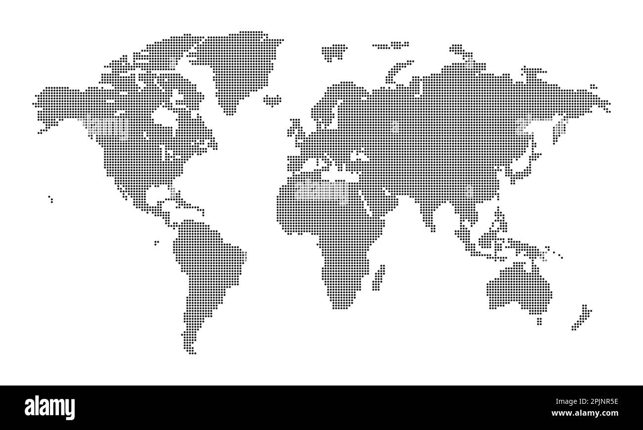 Carte de terre en pointillés. Carte du monde formée de points. Carte mondiale avec des continents comme l'afrique, l'amérique, l'eurasie, l'europe, l'asie et l'australie. Points noirs sur blanc b Illustration de Vecteur